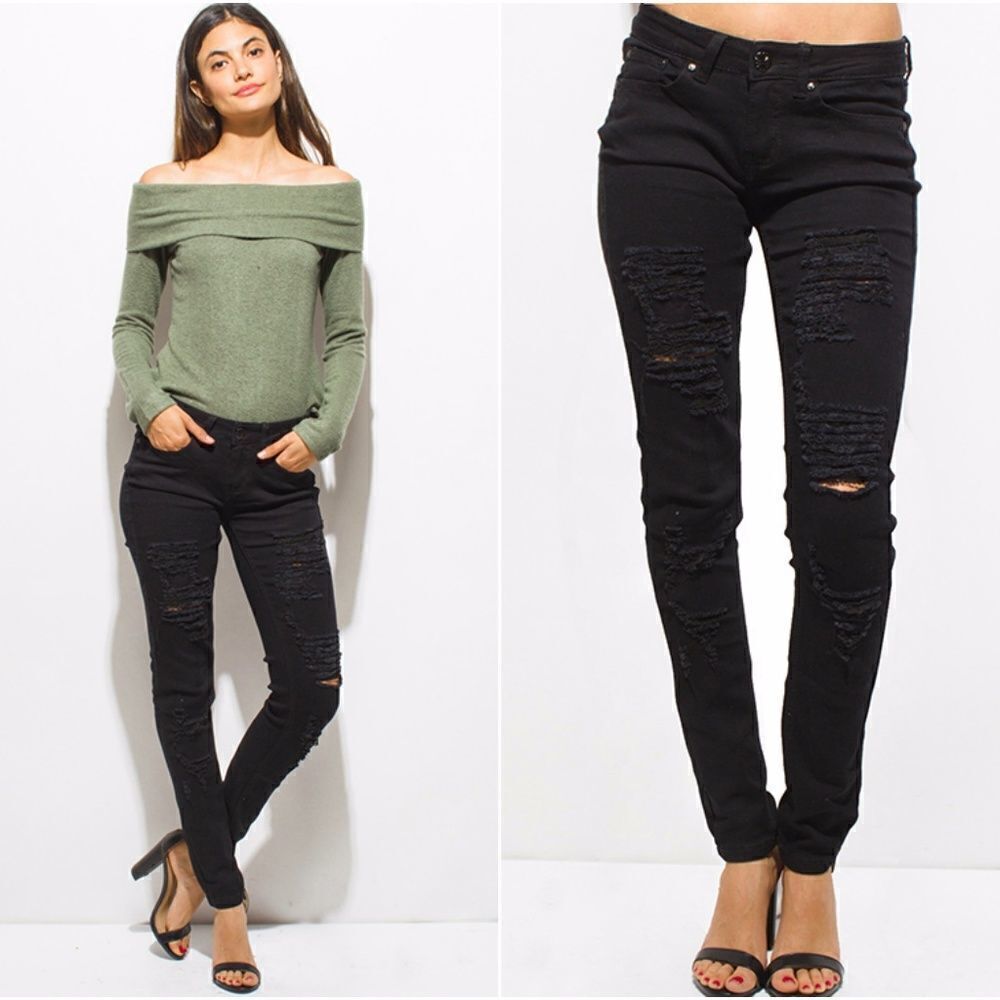 Black Distressed Denim Skinny Jeans